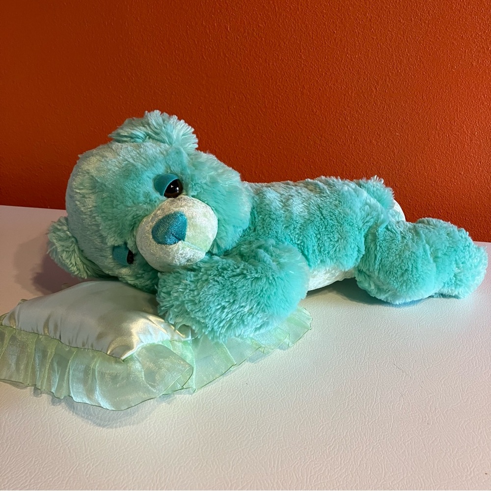 Aqua Soft Plush Sleepy Time Bear with Satin Pillow